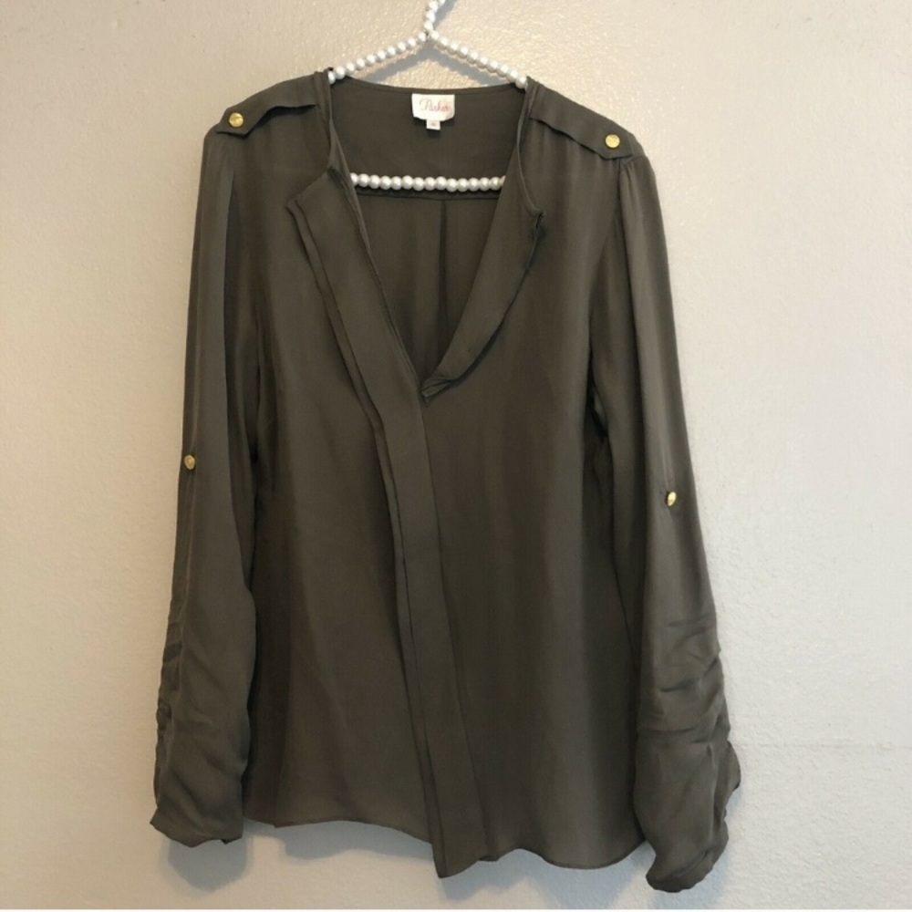 Parker Military Army Green Epaulet Silk Blouse M